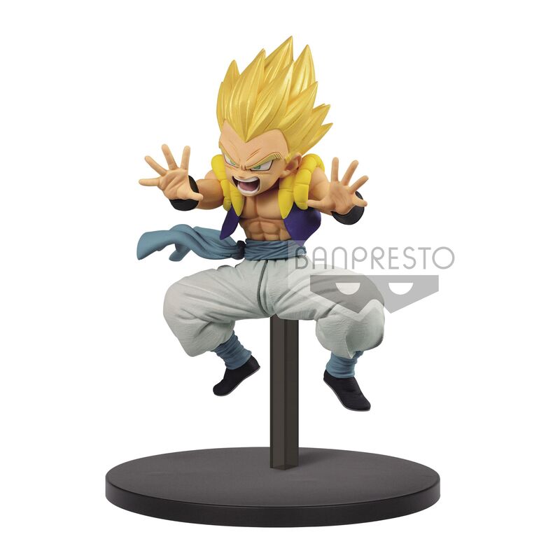 Gotenks Super Saiyan Dragon Ball Z Figura Banpresto pose de ataque con soporte negro