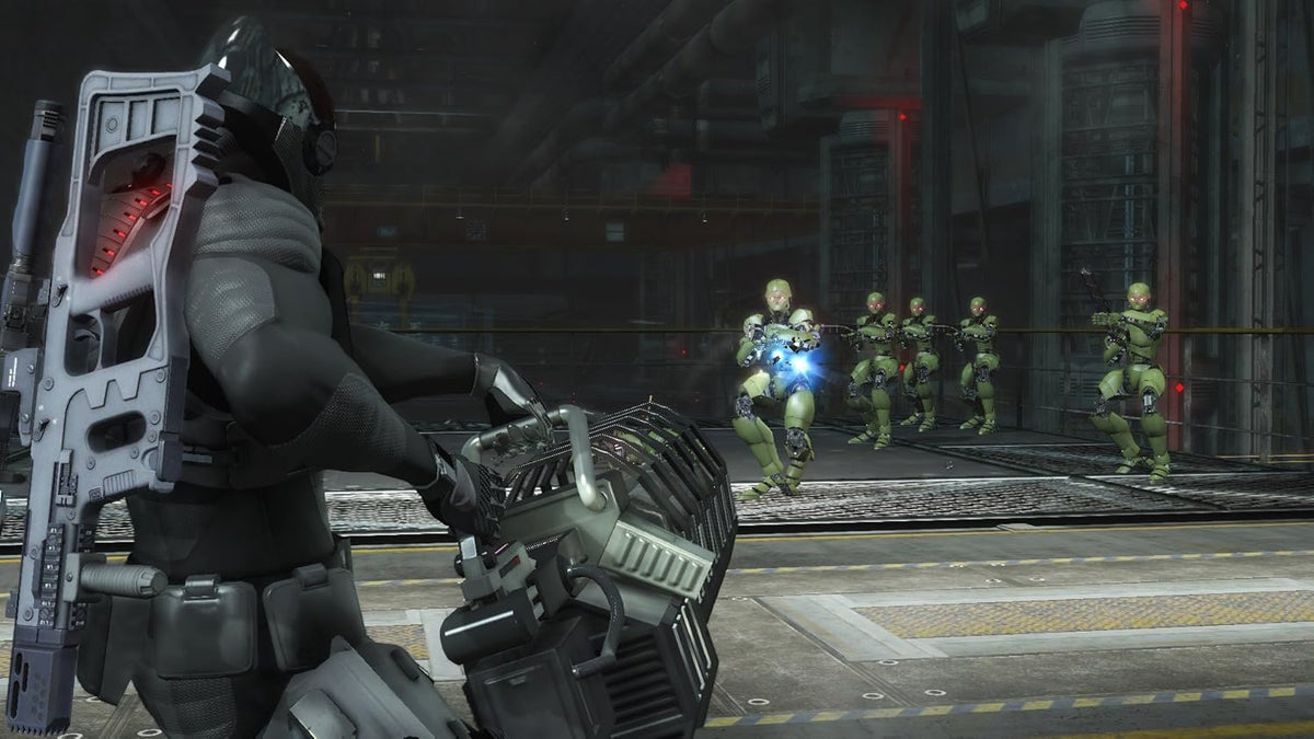 Binary Domain - Soldado con arma pesada enfrentando robots humanoides en interior