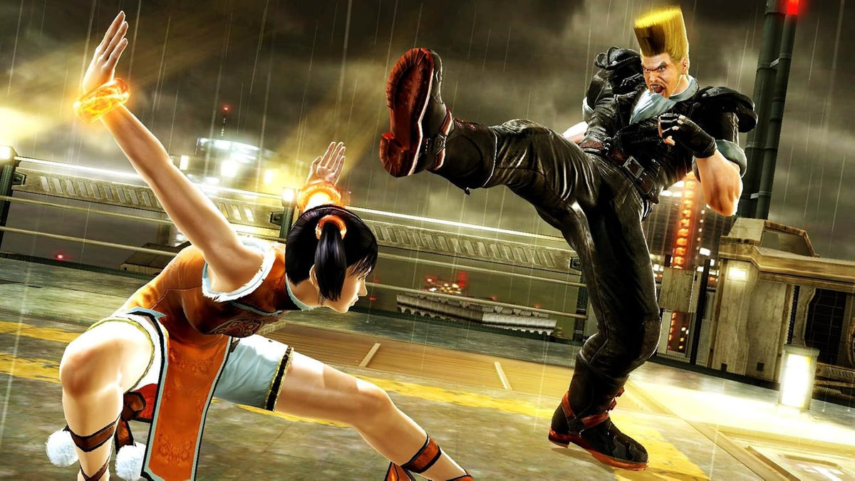 Tekken 6 - Bob golpeando a Hwoarang en ciudad cyberpunk nocturna