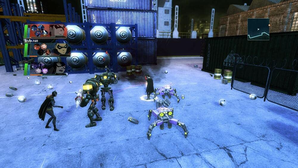 Young Justice: Legacy - Batman y Robin luchando contra robots de Lexcorp en Gotham