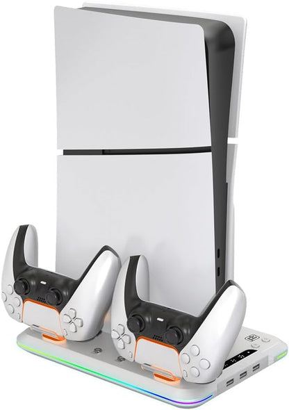 Blackfire Multifunction RGB LED Charging Stand - Vista frontal con PS5 Slim y mandos