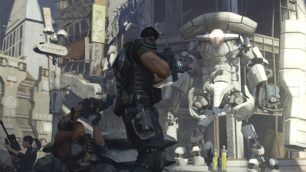 Binary Domain - Soldado enfrentando robot gigante en calle de Tokio futuro
