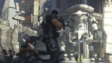 Binary Domain - Soldado enfrentando robot gigante en calle de Tokio futuro