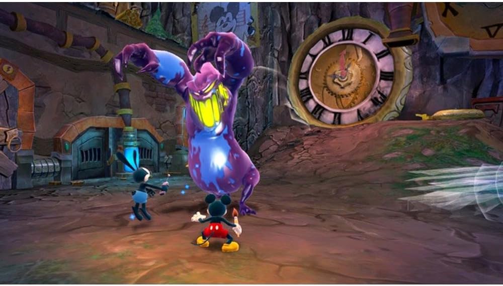 Disney Epic Mickey 2 - Gameplay Mickey y Oswald frente a jefe morado con reloj