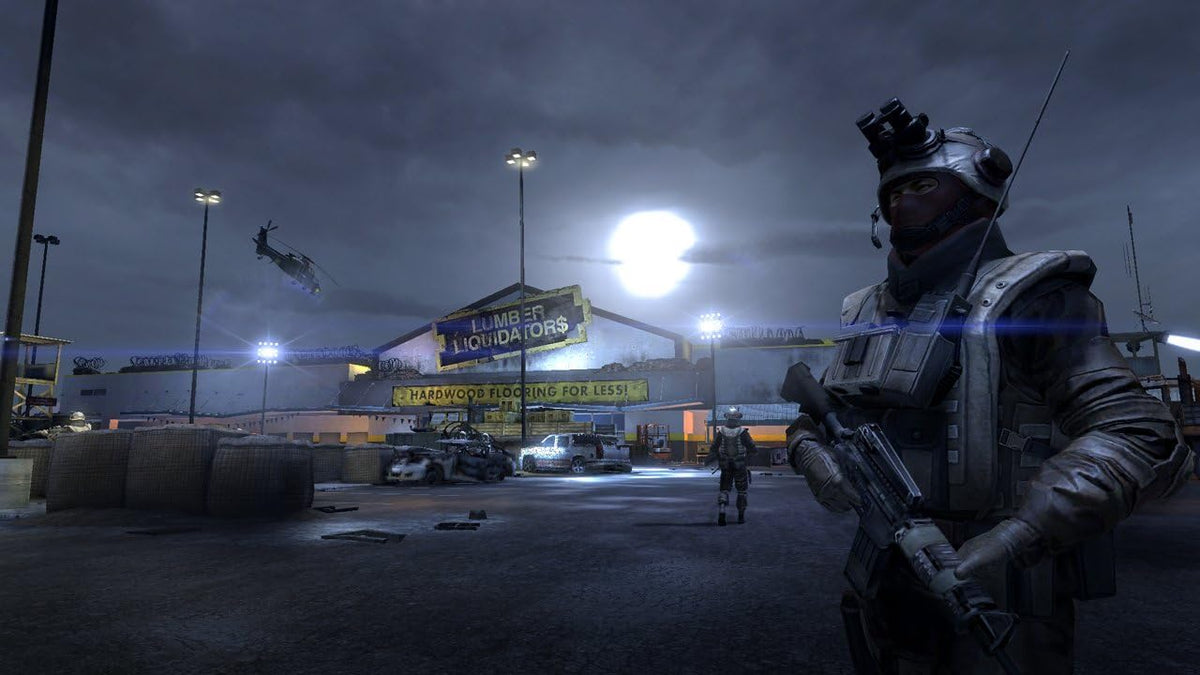 Homefront - Soldado enemigo armado en aparcamiento nocturno con helicóptero