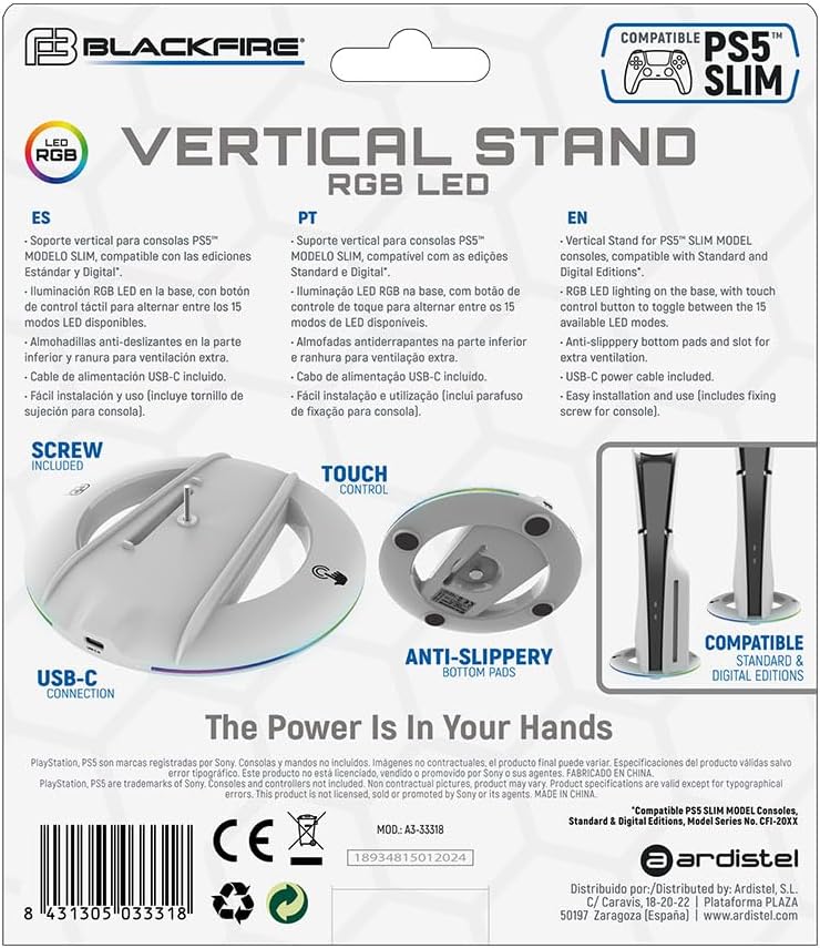 Blackfire Vertical Stand RGB LED PS5 Slim - Caja trasera con especificaciones