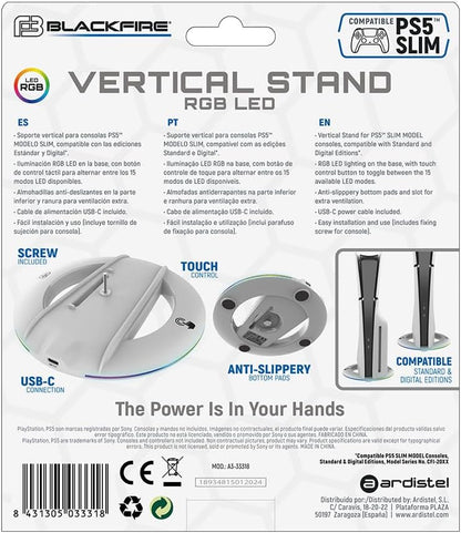 Blackfire Vertical Stand RGB LED PS5 Slim - Caja trasera con especificaciones