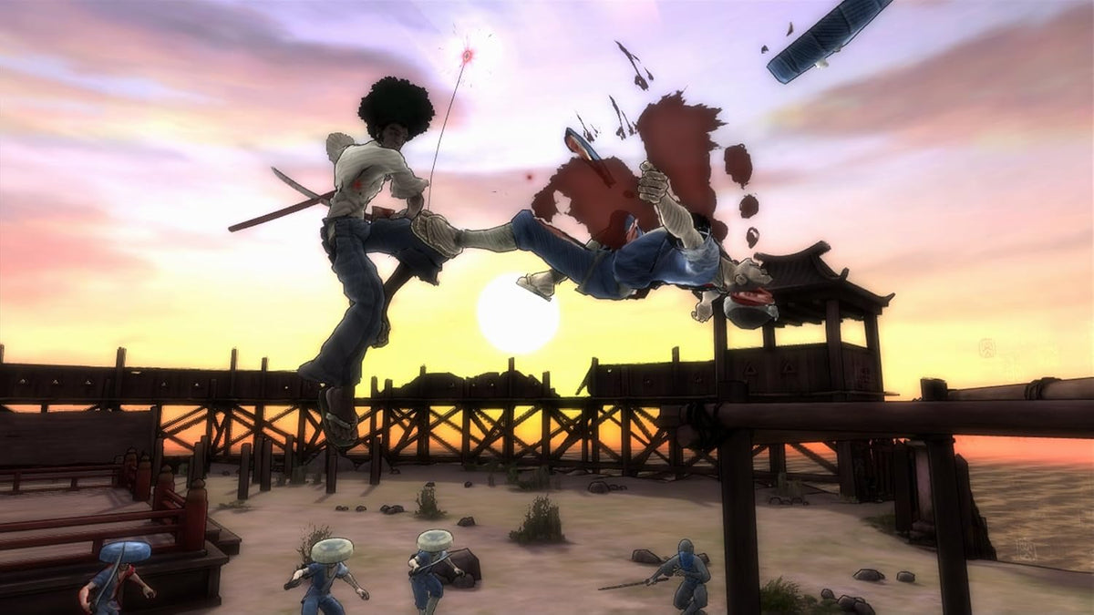 Afro Samurai - Gameplay combate al atardecer en muelle de madera con patada voladora