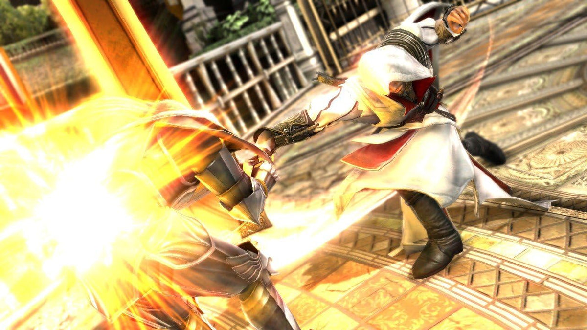 SoulCalibur V - Ezio Auditore de Assassin's Creed en combate con destello dorado