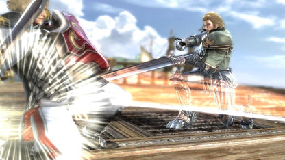 SoulCalibur V - Patroklos enfrentando a Siegfried en arena desierta
