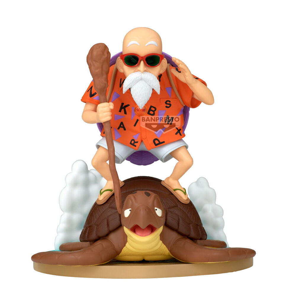 Maestro Roshi con Tortuga Dragon Ball Figura Banpresto camisa hawaiana naranja bastón gafas sol base dorada