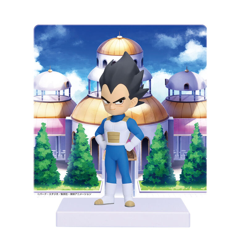 Vegeta Niño Chibi Dragon Ball Figura Banpresto armadura Saiyan azul con panel de fondo Planeta Vegeta